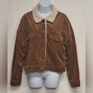 Cisono Outerwear M Brown Corduroy Coat Soft Faux Fur Lining Button Down Pockets